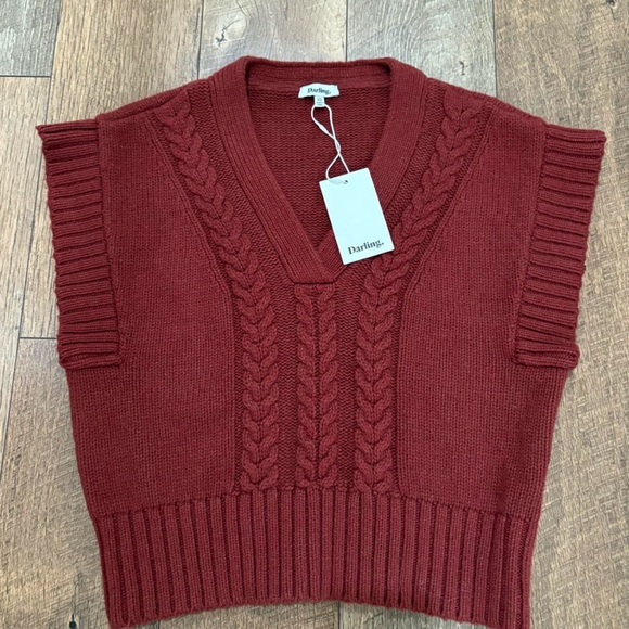 Darling Cable Knit V-Neck Sweater Vest in Rust Red - Picture 2 of 5